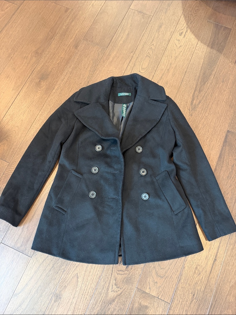LAUREN Ralph Lauren Black Double-Breasted Wool Blend Peacoat - Size 2 - C54-172